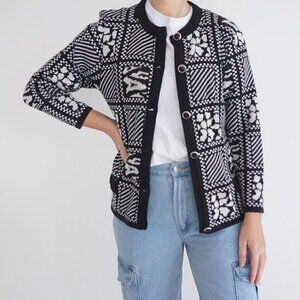 Vintage Ashley Taylor Petite Black White Bold Print Button Up Cardigan Sweater M